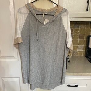 Cato Grey Hooded Short-Sleeve Top with Cream Trim